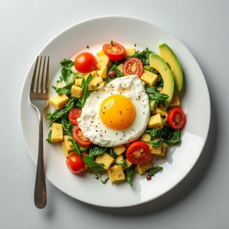 Egg White Veggie Scramble with Cottage Cheese and Sliced Avocado