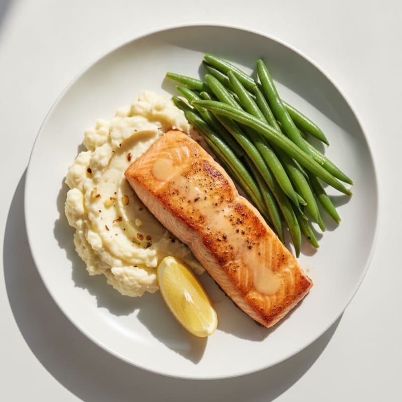 Seared Salmon with Steamed Green Beans and Garlic Mashed Cauliflower