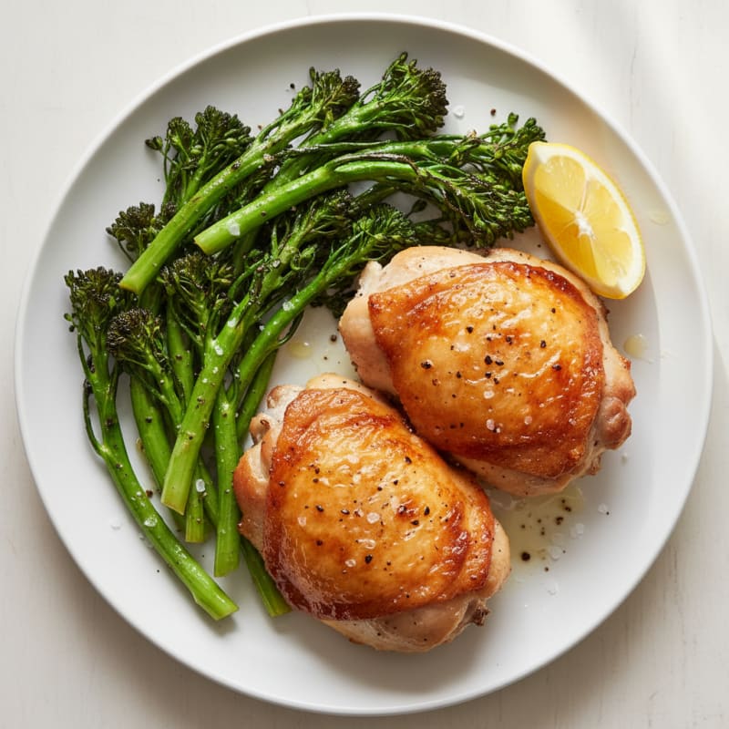 Crispy Roasted Chicken Thighs with Tender Broccolini