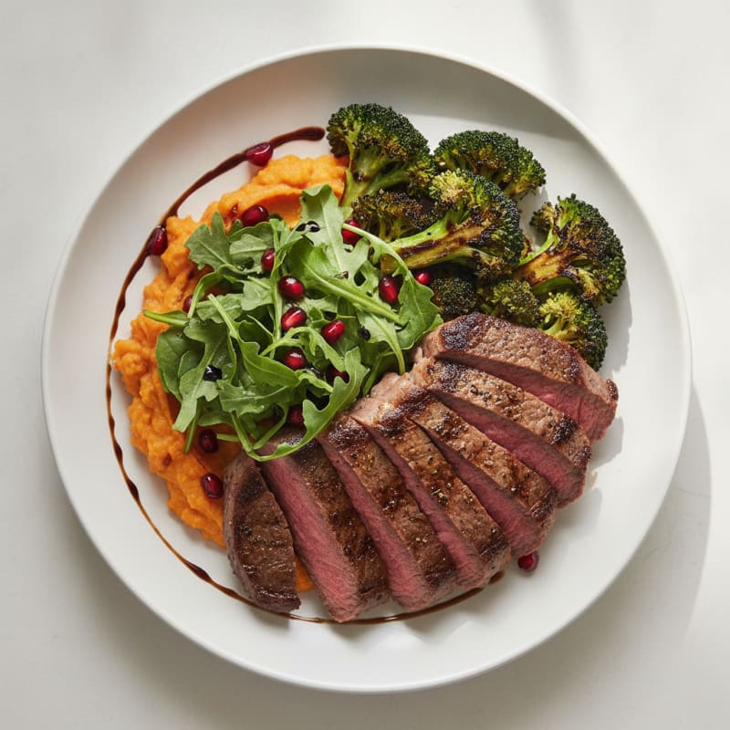 Seared Lean Beef with Roasted Broccoli and Sweet Potato Mash