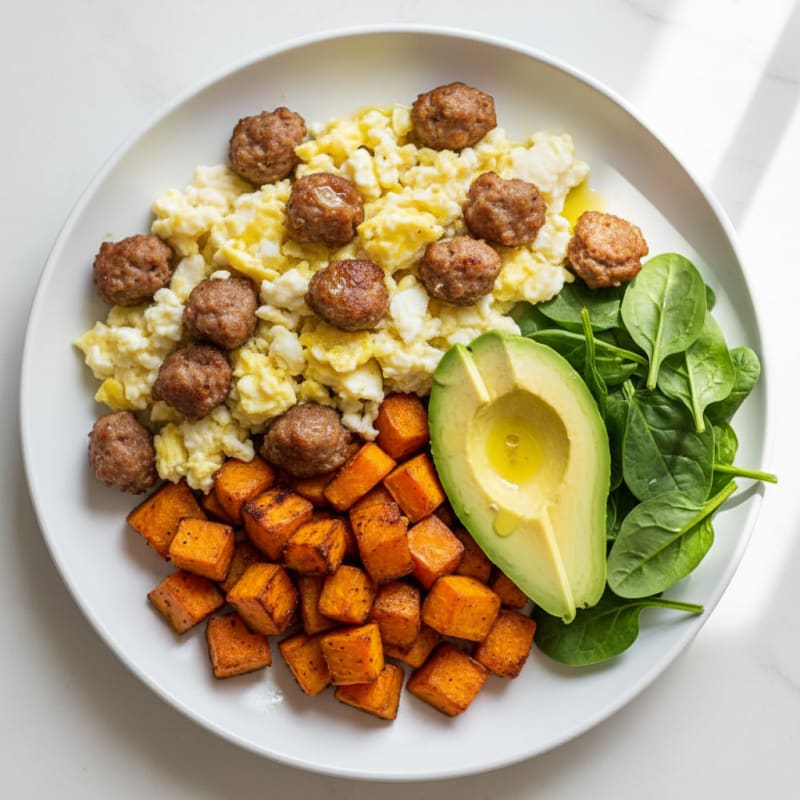 Egg White Scramble with Turkey Sausage and Roasted Sweet Potatoes