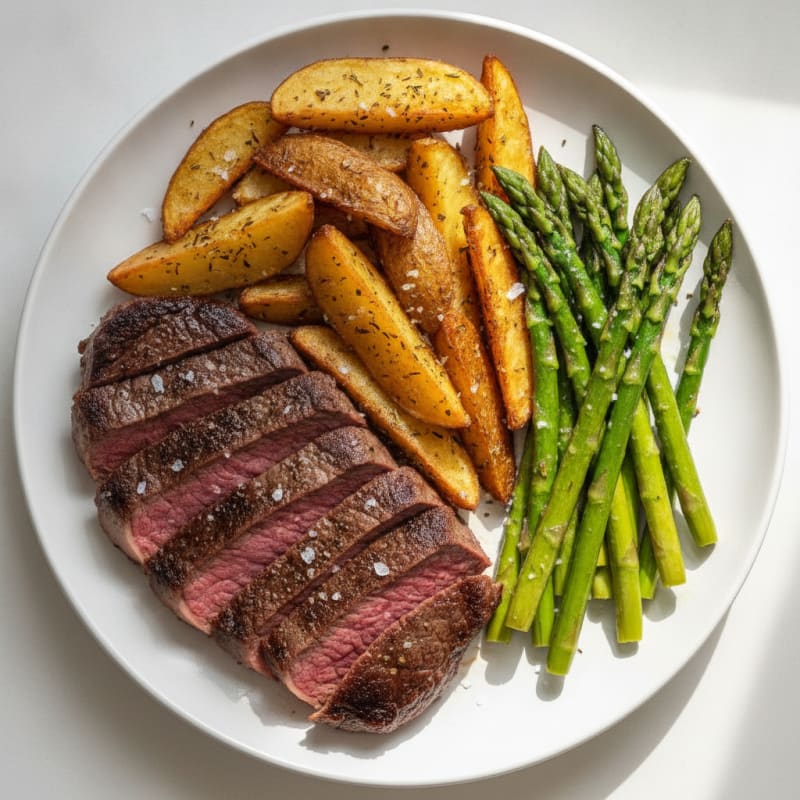 Seared Bison Steak with Herb Potato Wedges and Sautéed Vegetables
