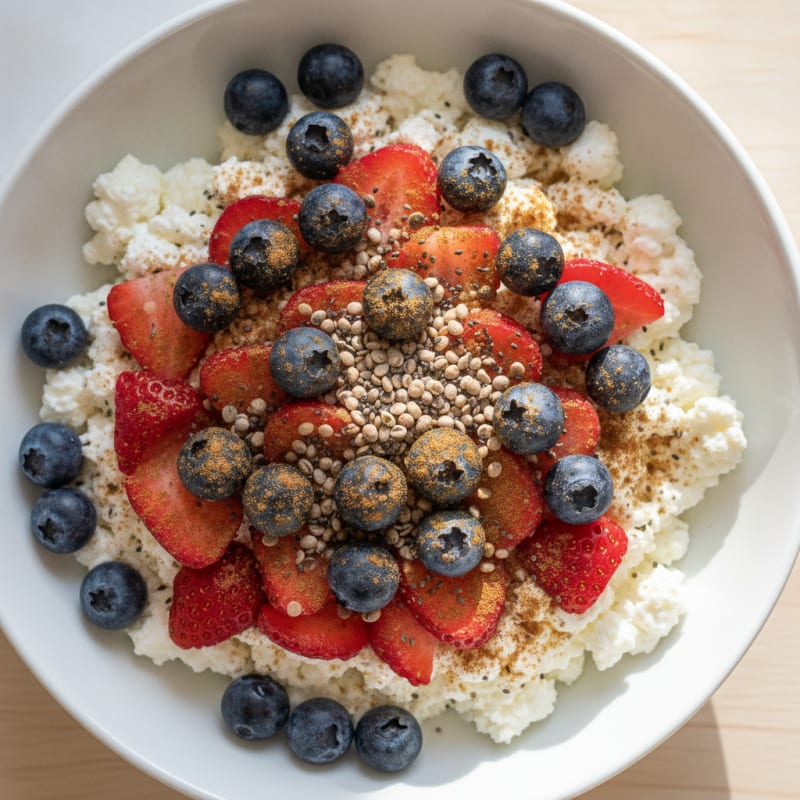 Cottage Cheese Berry Bowl with Chia Seeds and Hemp Hearts