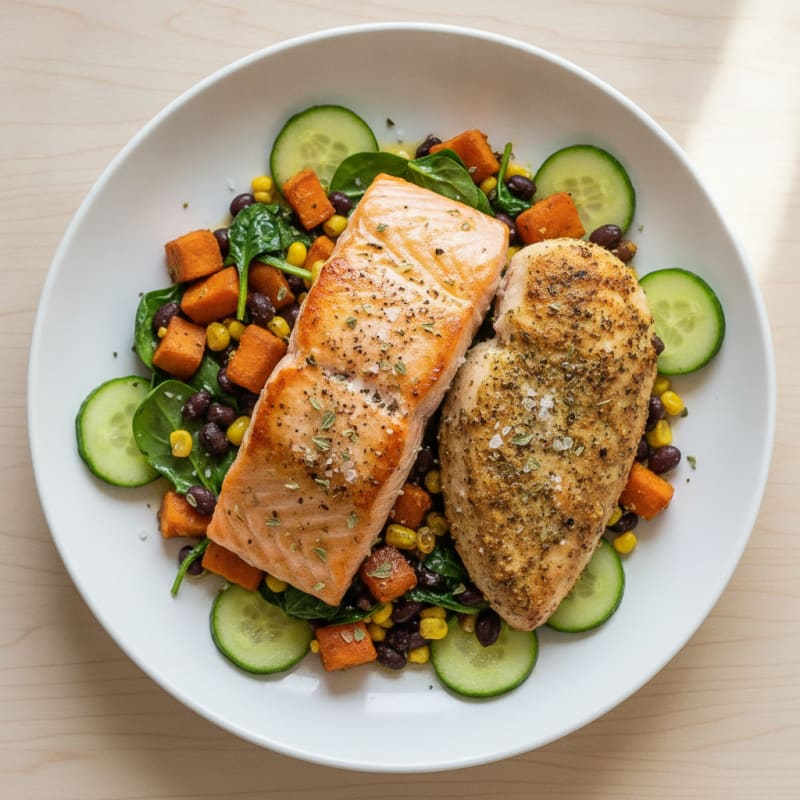 Herb-Roasted Salmon and Chicken with Sweet Potato Hash