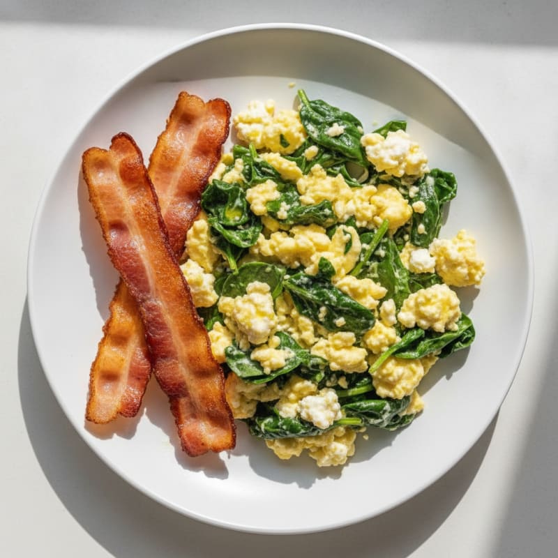 Cottage Cheese Egg Scramble with Spinach and Turkey Bacon