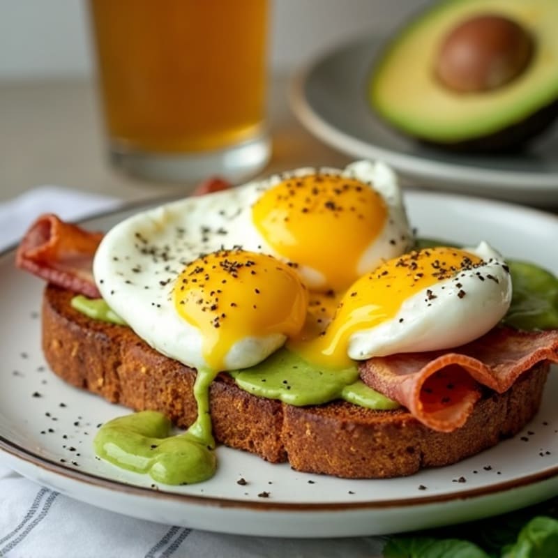Poached Eggs with Crispy Turkey Bacon and Creamy Avocado Sauce on Toasted Whole Grain