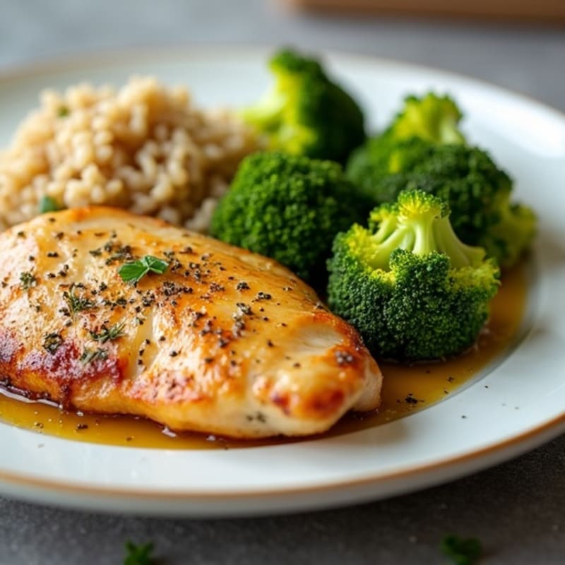 Lemon Herb Roasted Chicken with Fluffy Brown Rice and Roasted Broccoli