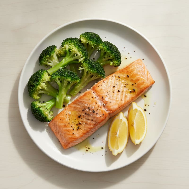 Seared Salmon Fillet with Steamed Broccoli and Lemon