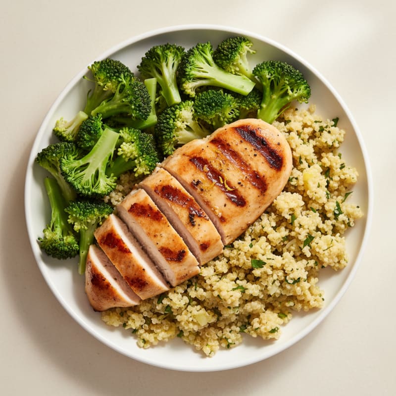 Grilled Chicken Breast with Lemon-Pepper Quinoa and Steamed Broccoli