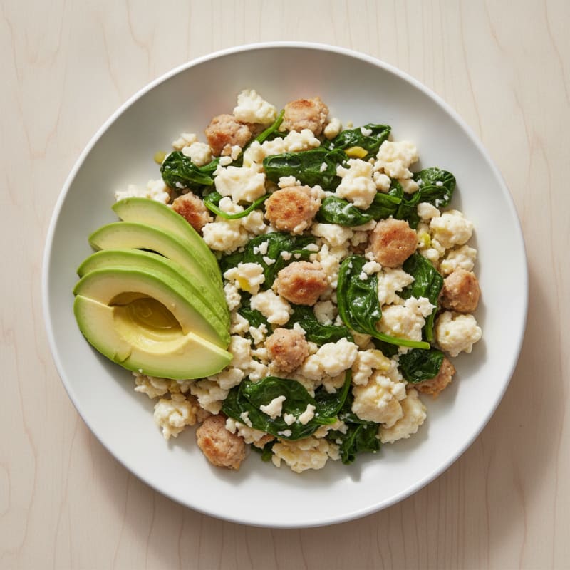 Egg White and Turkey Sausage Scramble with Sautéed Spinach