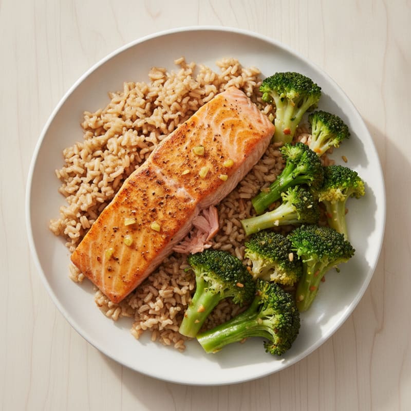 Seared Salmon with Steamed Broccoli and Brown Rice