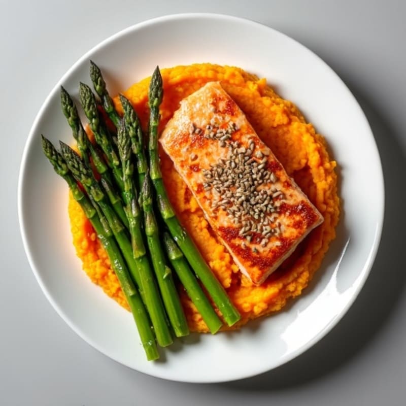 Seared Salmon Fillet with Roasted Asparagus and Sweet Potato Mash