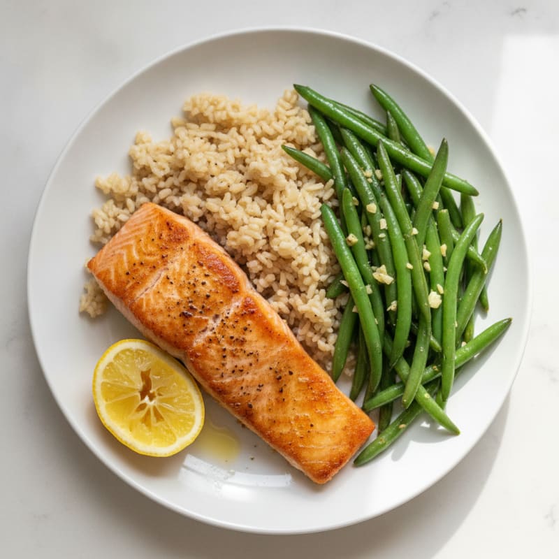 Seared Salmon with Garlic Green Beans and Brown Rice