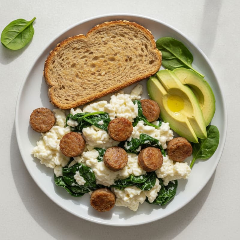 Egg White Spinach Scramble with Turkey Sausage