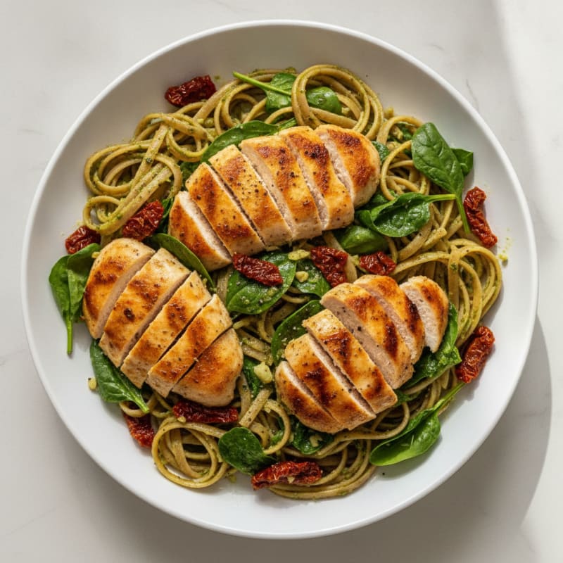 Pesto Chicken Linguine with Sun-Dried Tomatoes