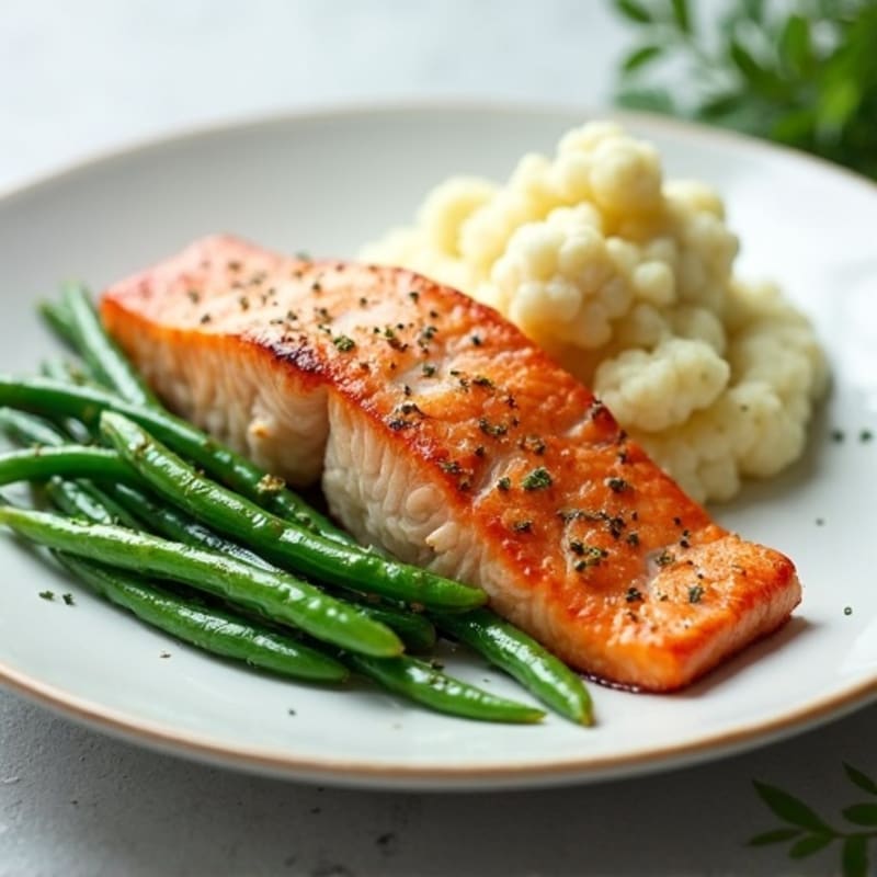 Seared Salmon with Steamed Green Beans and Garlic Mashed Cauliflower