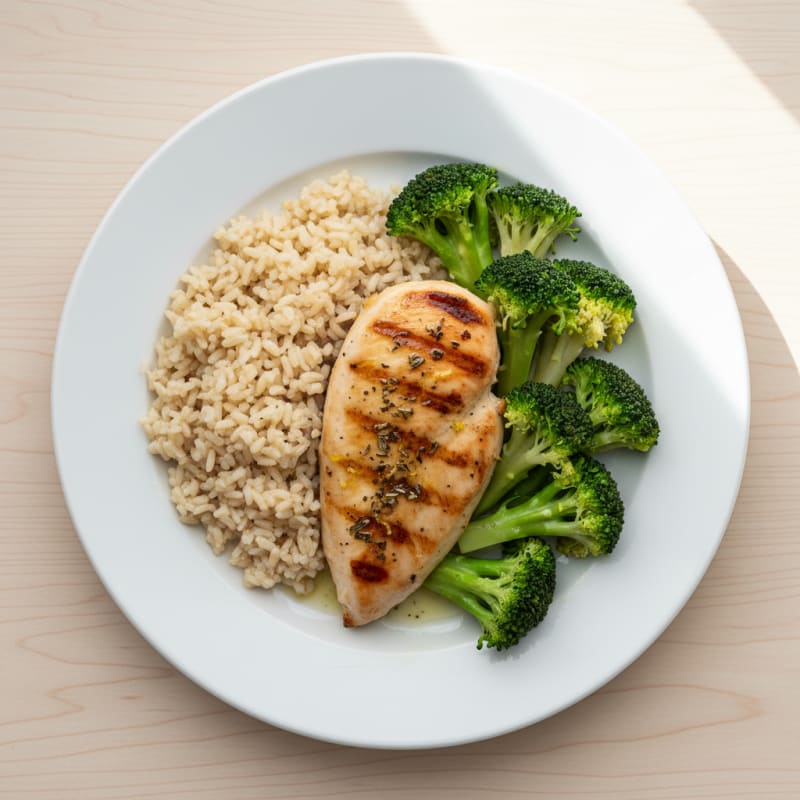 Grilled Chicken Breast with Steamed Broccoli and Brown Rice