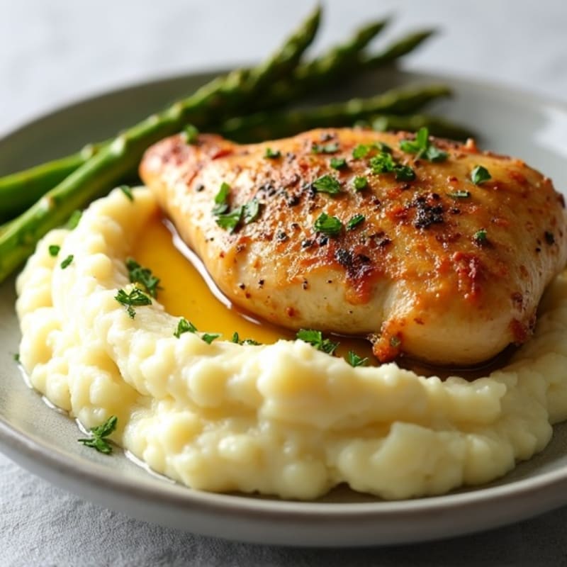 Garlic Herb Roasted Chicken with Creamy Mashed Potatoes and Roasted Asparagus