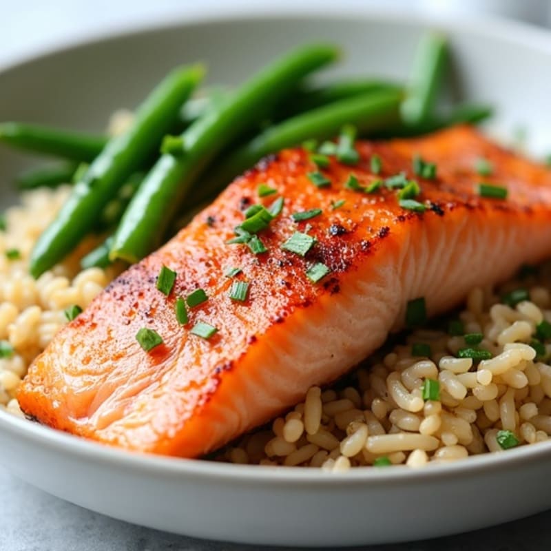 Seared Salmon with Garlic Green Beans and Brown Rice