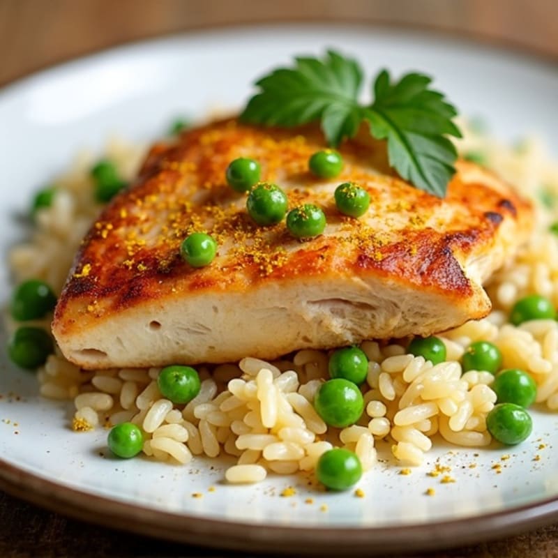 Savory Pan-Seared Chicken with Fluffy Saffron Rice and Fresh Peas