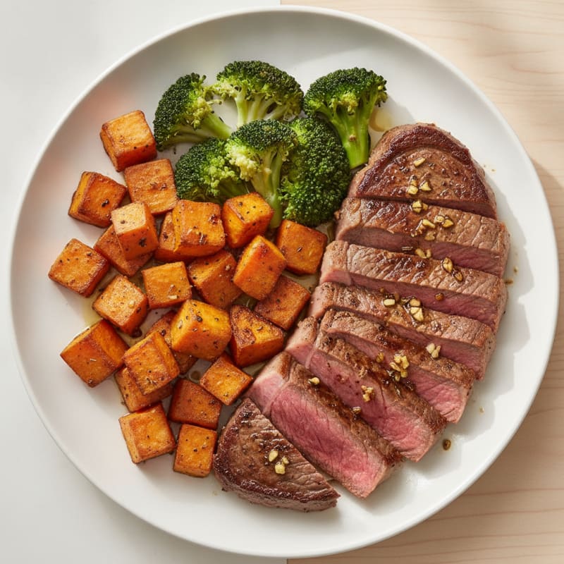Seared Sirloin Steak with Roasted Sweet Potatoes and Steamed Broccoli