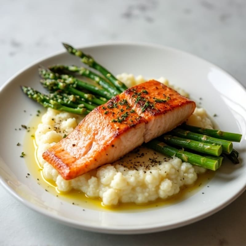 Seared Salmon with Steamed Asparagus and Garlic Cauliflower Mash