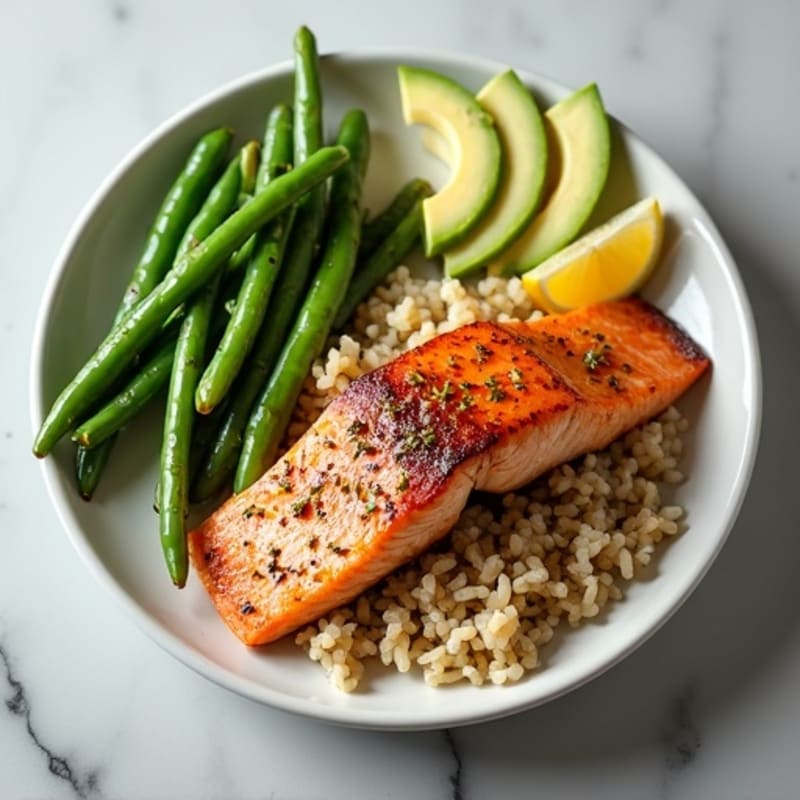 Seared Salmon with Garlic Green Beans, Brown Rice & Avocado