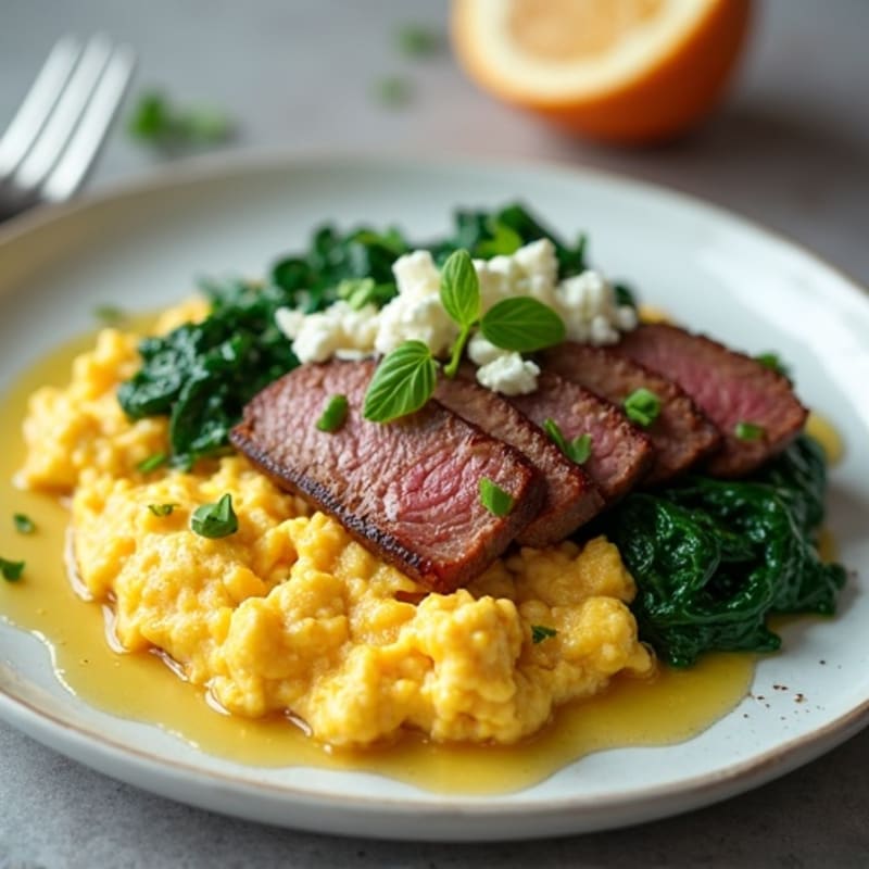 Egg White Scramble with Sautéed Spinach, Feta, and Steak