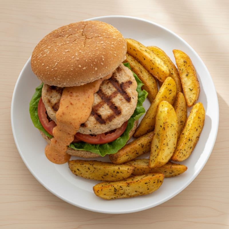 Grilled Chicken Burger with Oven-Baked Potato Wedges