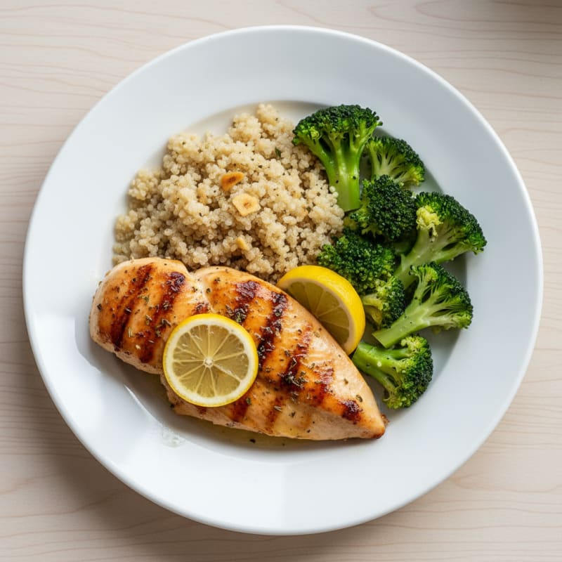 Grilled Chicken Breast with Steamed Broccoli and Quinoa