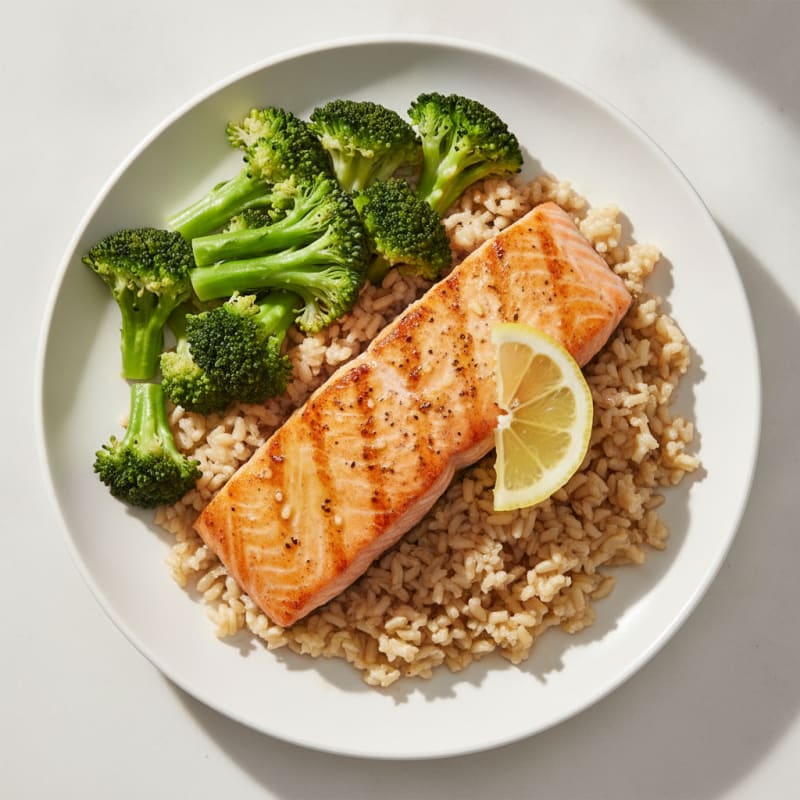 Seared Salmon with Steamed Broccoli and Brown Rice