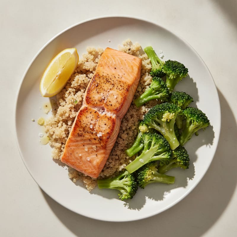 Seared Salmon Fillet with Steamed Broccoli and Quinoa