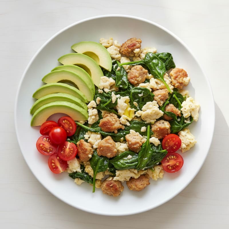 Egg White and Turkey Sausage Scramble with Sautéed Spinach