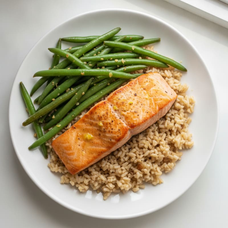 Seared Salmon with Garlic Green Beans and Brown Rice