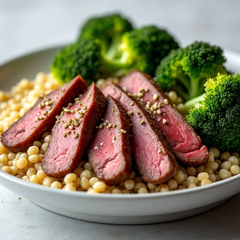 Seared Lean Beef with Roasted Broccoli and Quinoa