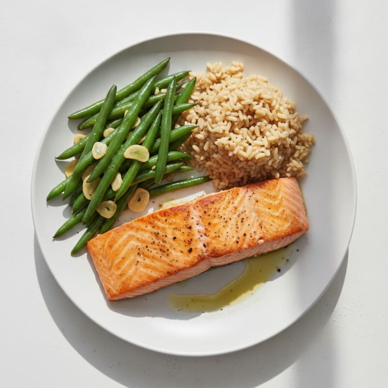 Seared Salmon with Garlic Green Beans and Brown Rice