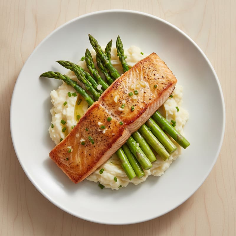 Seared Salmon with Steamed Asparagus and Garlic Mashed Potatoes