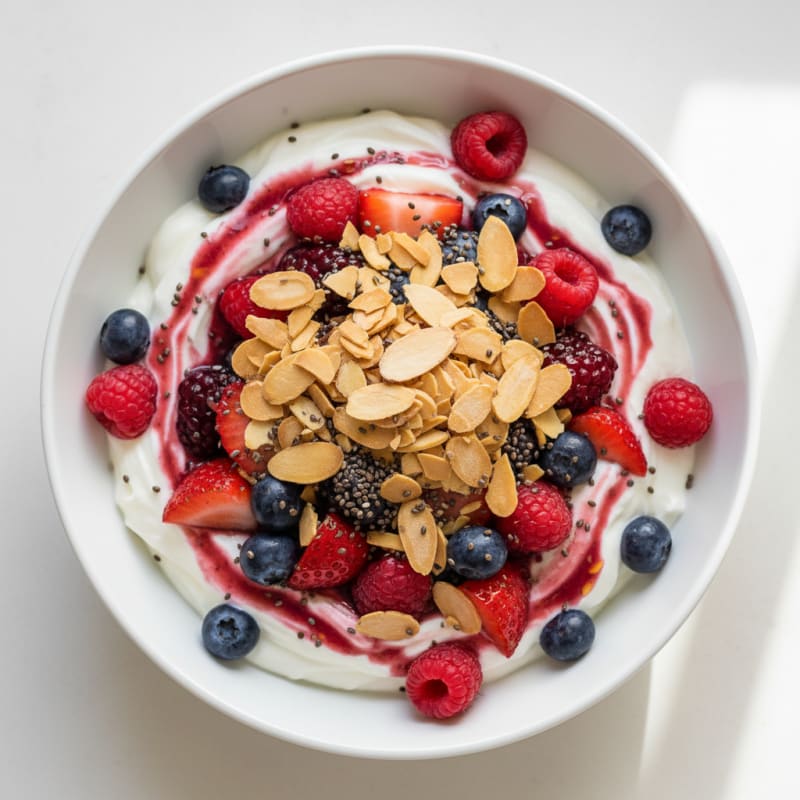 Greek Yogurt Protein Parfait with Mixed Berries and Almonds