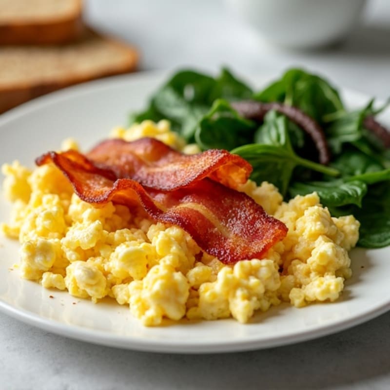 Crispy Turkey Bacon Egg White Scramble with Cottage Cheese and Spinach