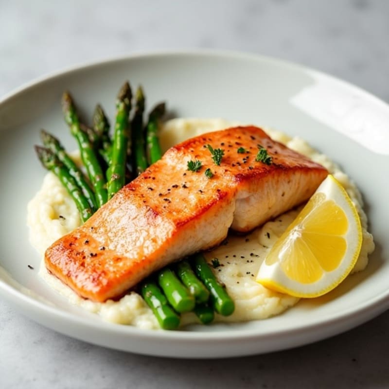 Seared Salmon with Roasted Asparagus and Cauliflower Mash