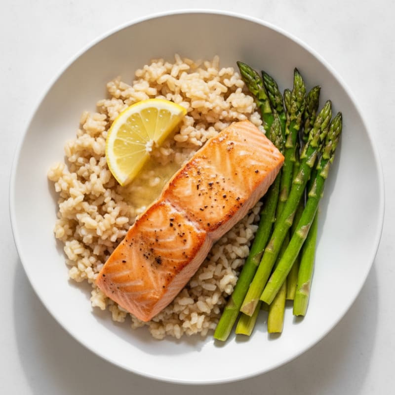 Seared Salmon Fillet with Roasted Asparagus and Brown Rice