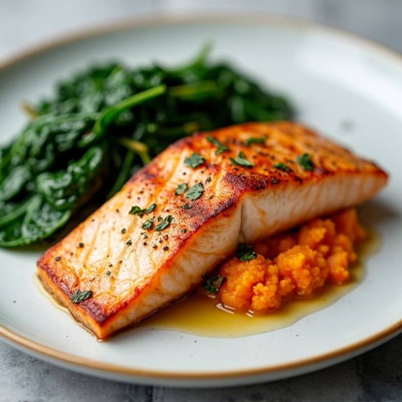 Seared Salmon with Garlic Spinach and Sweet Potato Mash