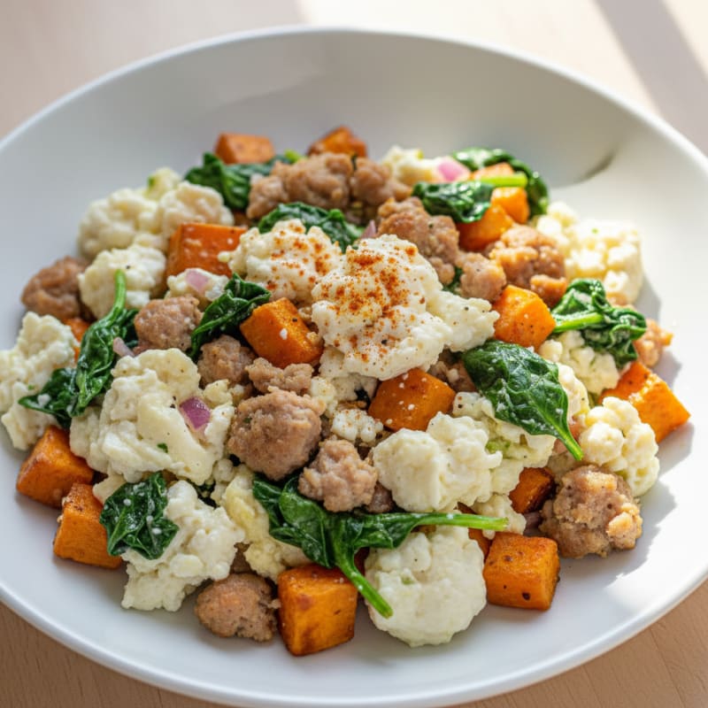 Egg White and Turkey Sausage Scramble with Spinach and Sweet Potato