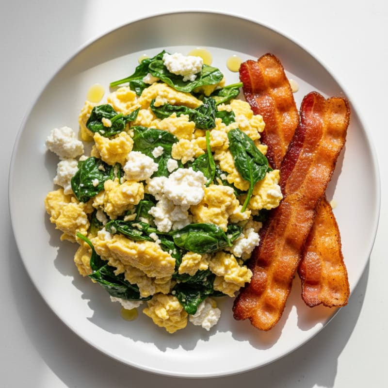 Cottage Cheese Egg Scramble with Spinach and Turkey Bacon