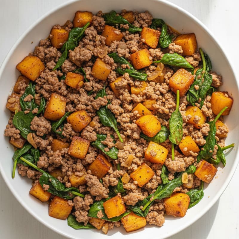 Ground Beef and Yam Skillet with Spinach
