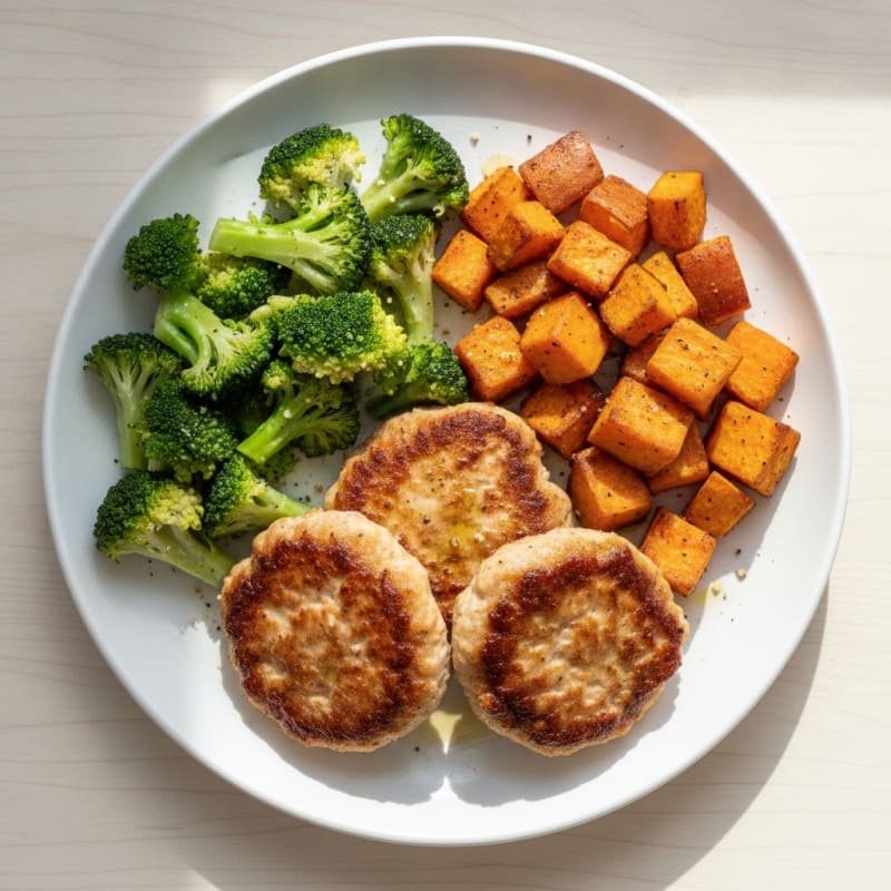 Seared Turkey Patties with Roasted Sweet Potato and Steamed Broccoli