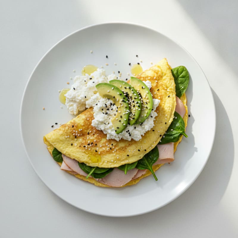 Egg White Spinach Omelet with Cottage Cheese and Sliced Turkey