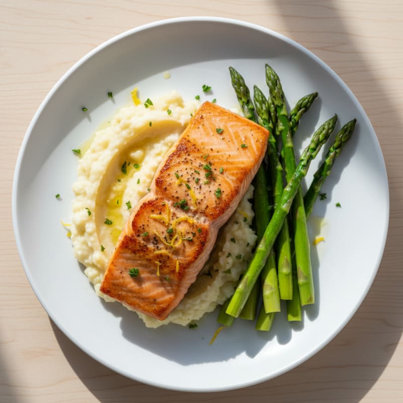 Seared Salmon with Steamed Asparagus and Garlic Cauliflower Mash