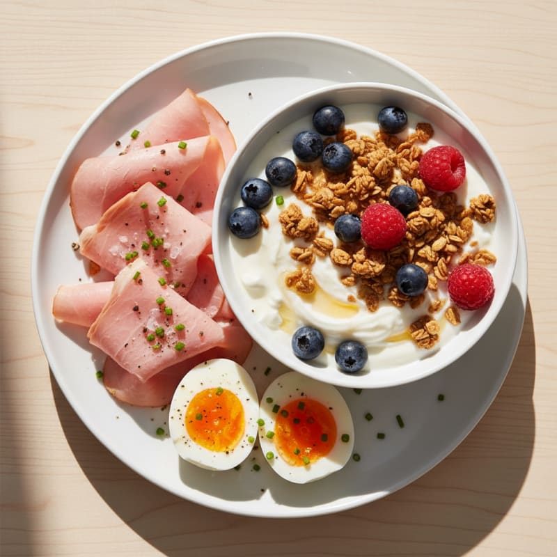 Protein-Packed Ham and Egg Breakfast Plate with Granola Yogurt