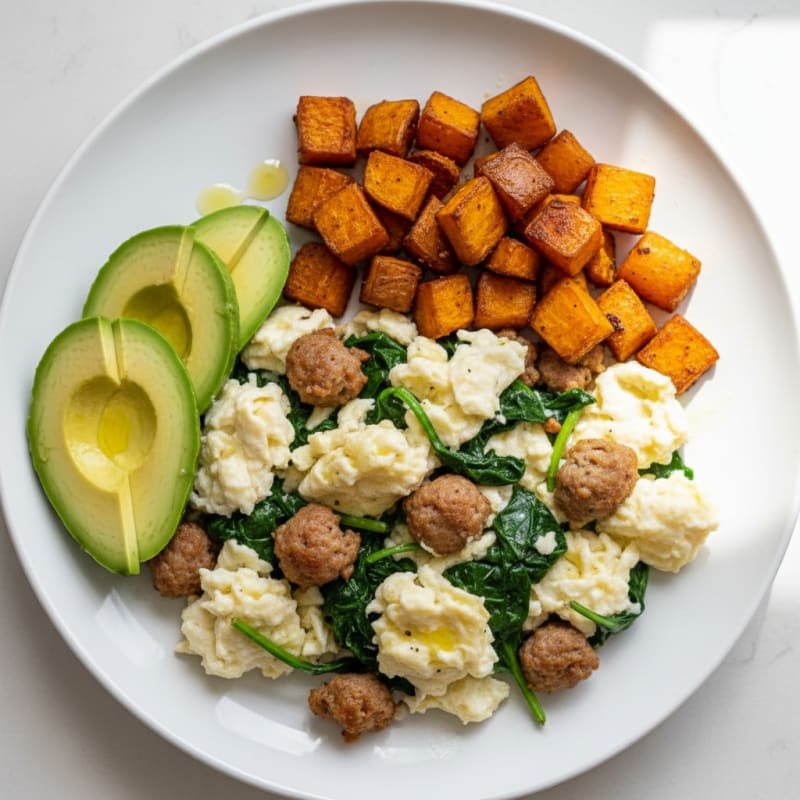 Egg White and Turkey Sausage Scramble with Spinach and Roasted Sweet Potatoes